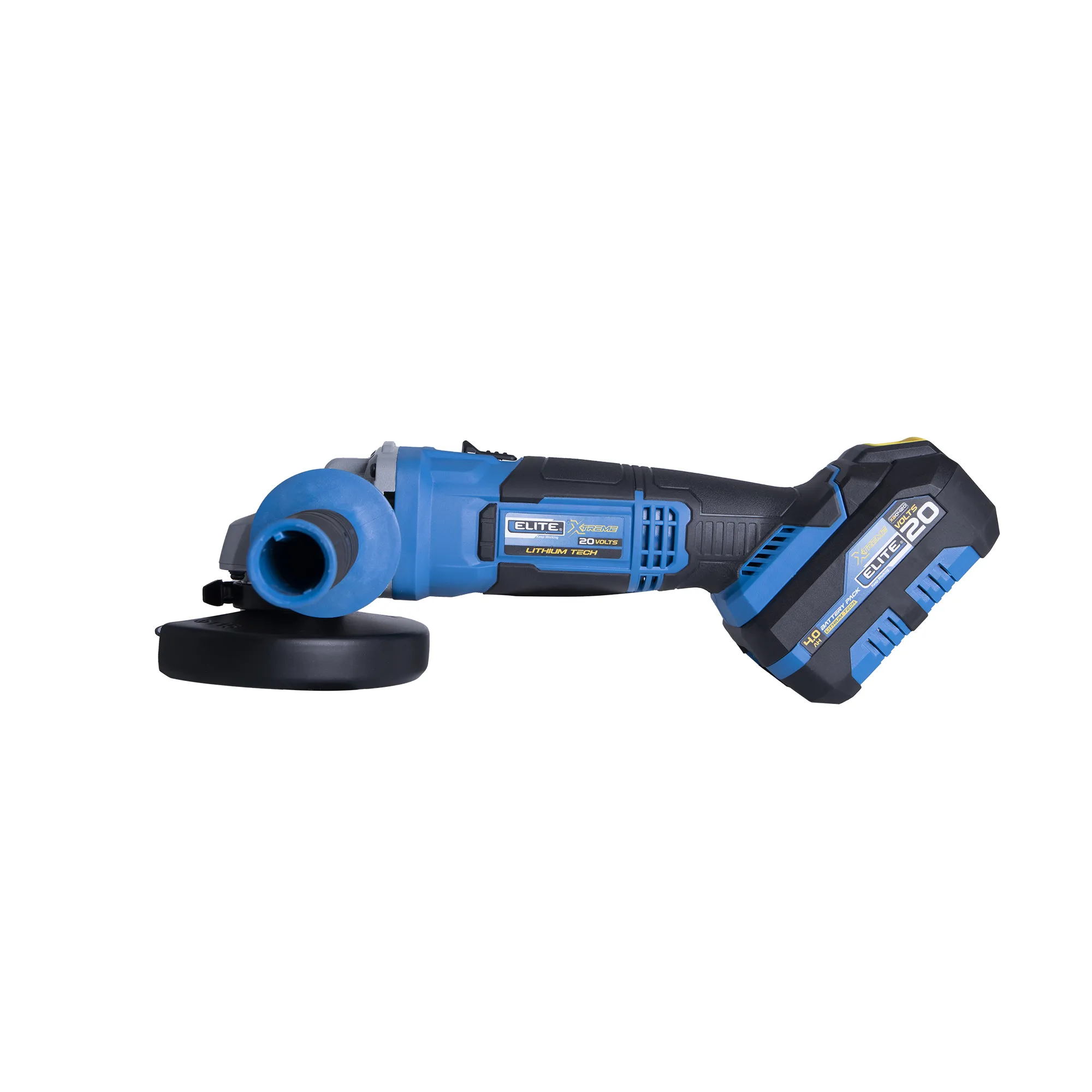 Esmeriladora inalámbrica 4-1/2 pulg, 20V, 10.000 RPM ELITE con Batería, Cargador, Estuche Plástico, Mango Auxiliar, Guarda Disco y Llave de ajuste
